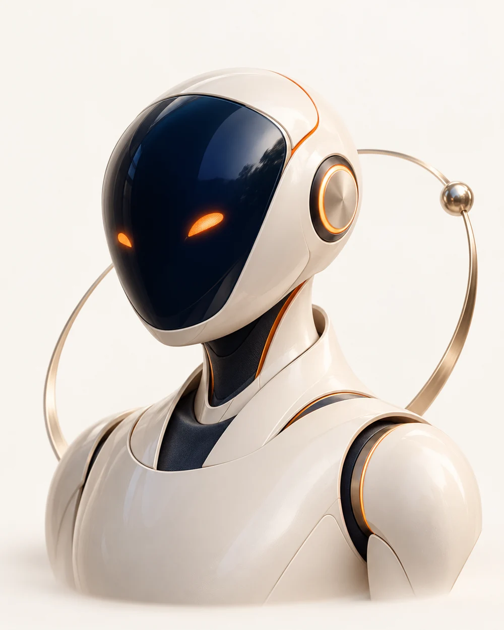 Sculptural white AI assistant robot with navy glass and orange details