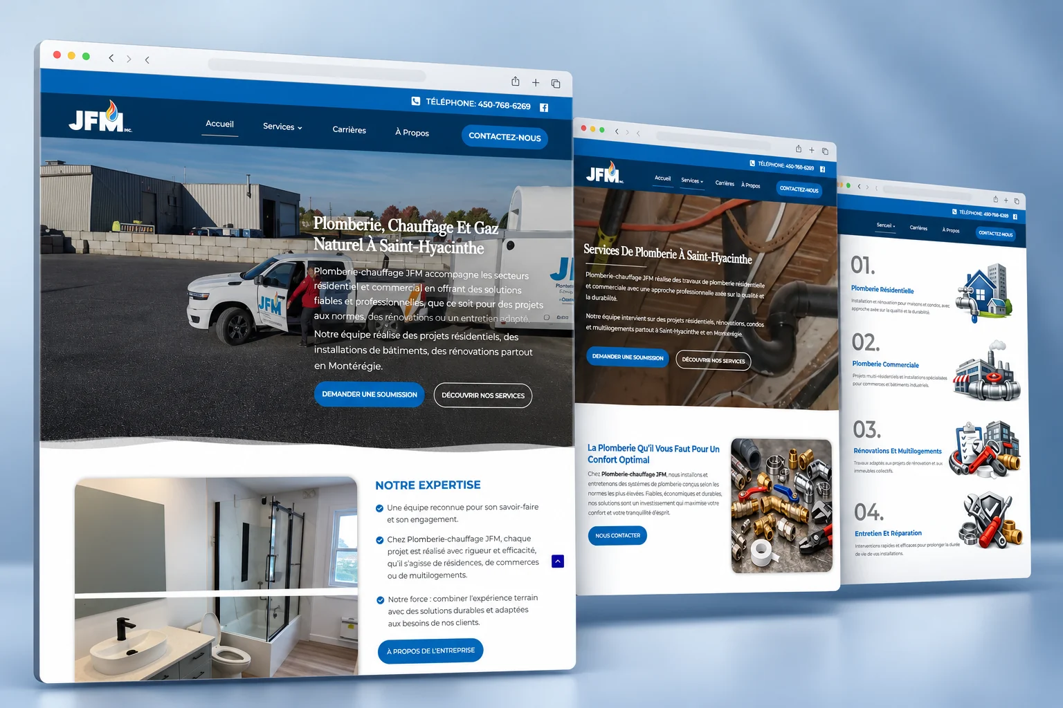Plomberie JFM presentation using supplied website screenshots