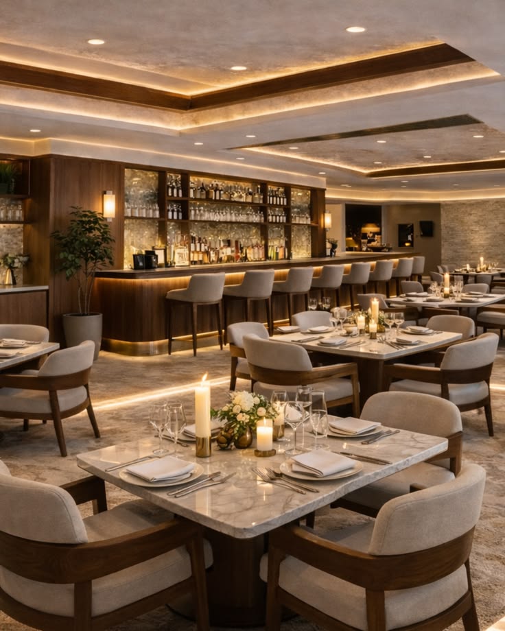 Luxury Restaurant Interior Design with Warm Modern Lighting Refined Millwork